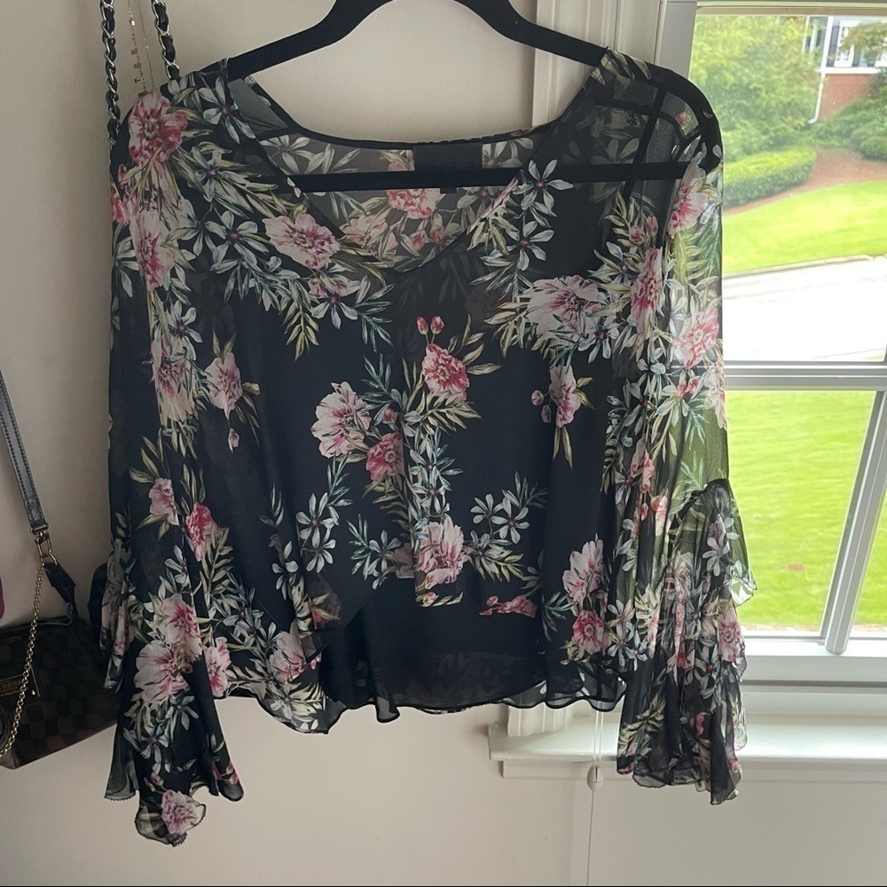 Black silk intermix floral top